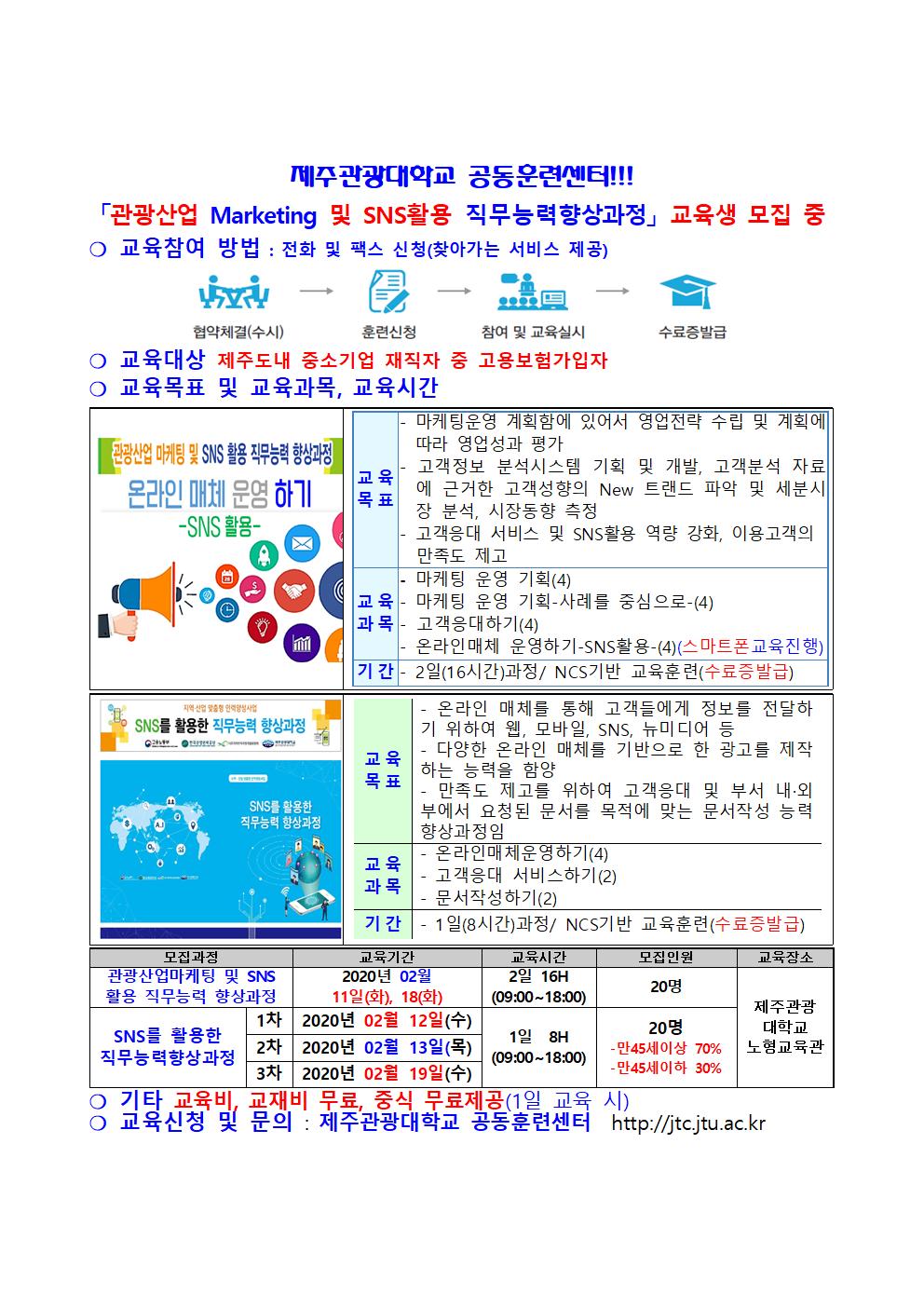 제주특별자치도관광협회 교육협조공문_ 2020년도 CS서비스 직무교육_ 2월 관광산업 마케팅 및 SNS활용 직무능력 향상과정001.jpg